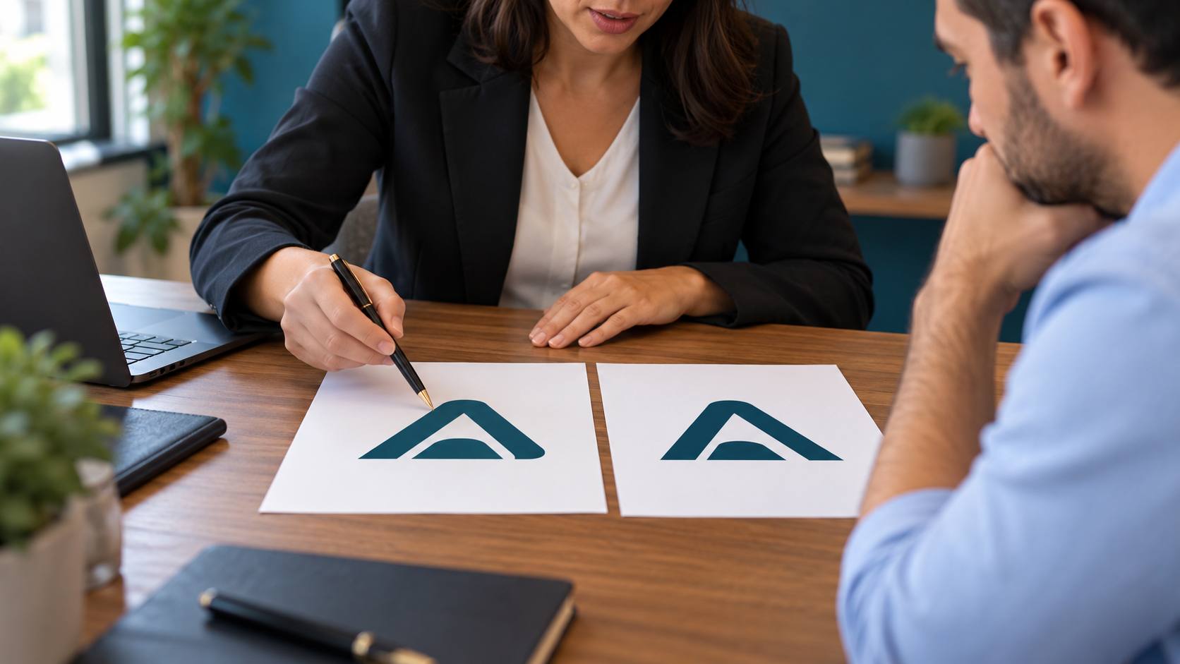Consultant compares two similar brand symbols with an entrepreneur.