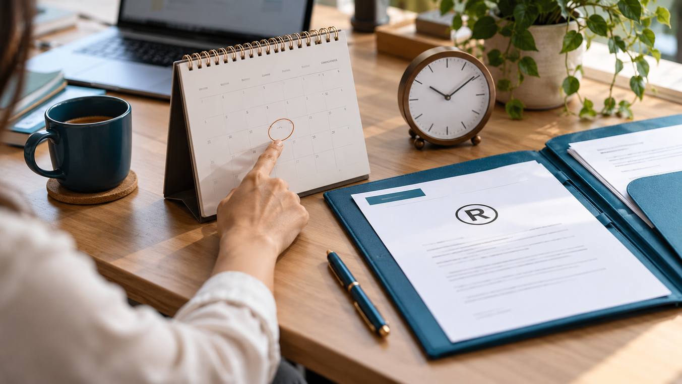 Persona señala una fecha marcada en un calendario junto a documentos de marca y un reloj.
